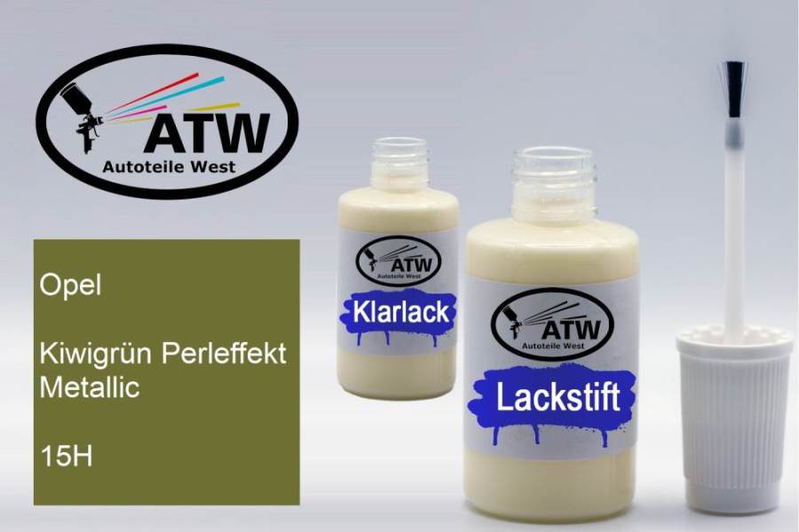 Opel, Kiwigrün Perleffekt Metallic, 15H: 20ml Lackstift + 20ml Klarlack - Set, von ATW Autoteile West.